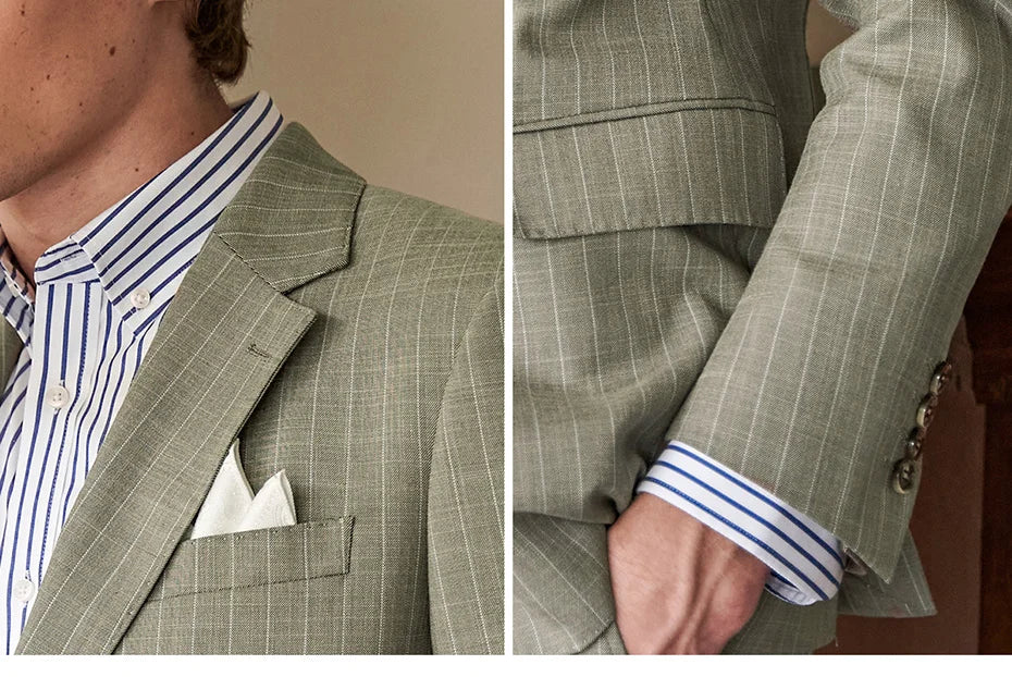 Collage detail of the grey olive pinstripe blazer highlighting the left notch lapel and flap pocket. From Borcelleclothes.
