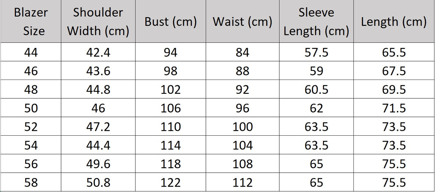 Men’s size chart for a blazer of the grey olive pinstripe suit featuring a tailored blazer with notch lapels and horn buttons, straight-leg trousers with adjustable waistband, and optional matching vest. From Borcelleclothes.