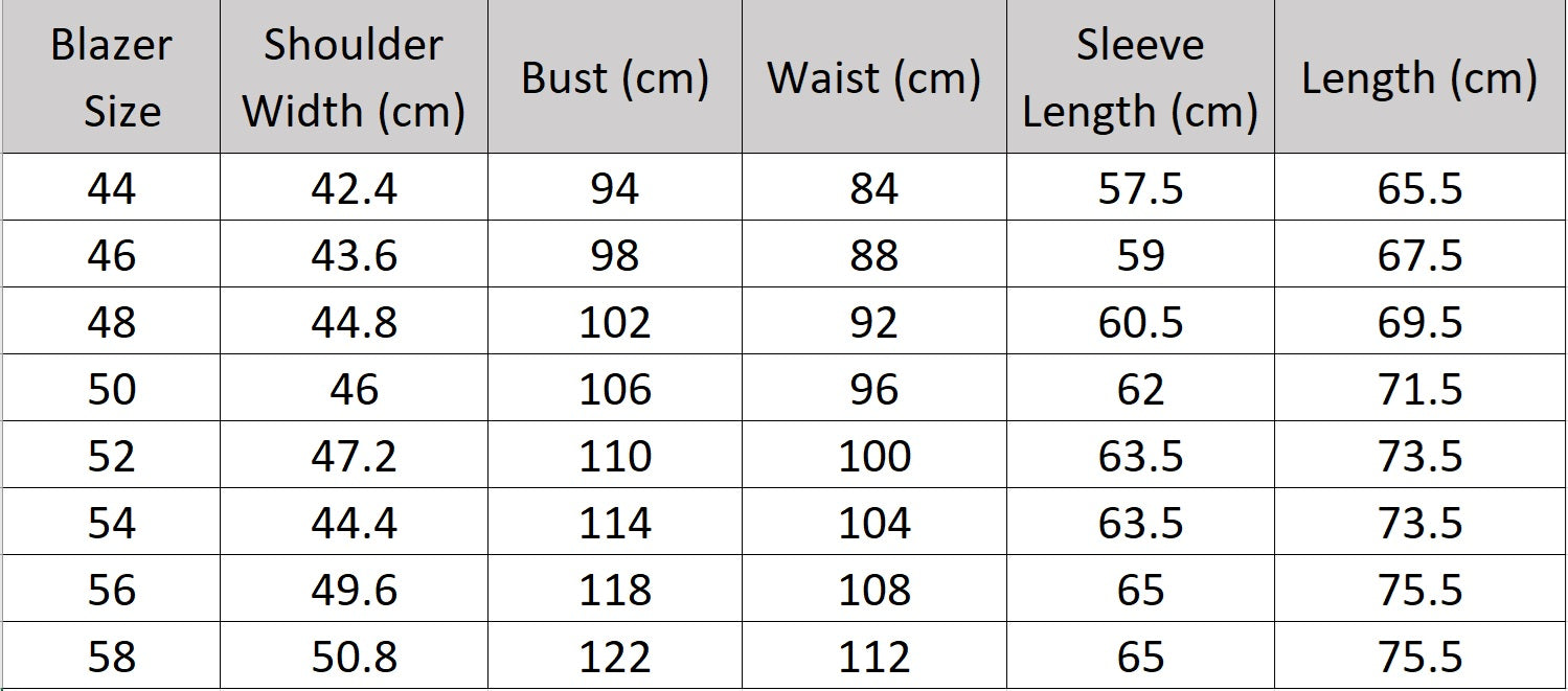 Men’s size chart for a blazer of the grey olive pinstripe suit featuring a tailored blazer with notch lapels and horn buttons, straight-leg trousers with adjustable waistband, and optional matching vest. From Borcelleclothes.