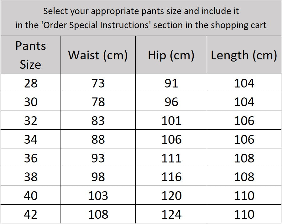 Men’s size chart for pants of the grey olive pinstripe suit featuring a tailored blazer with notch lapels and horn buttons, straight-leg trousers with adjustable waistband, and optional matching vest. From Borcelleclothes.