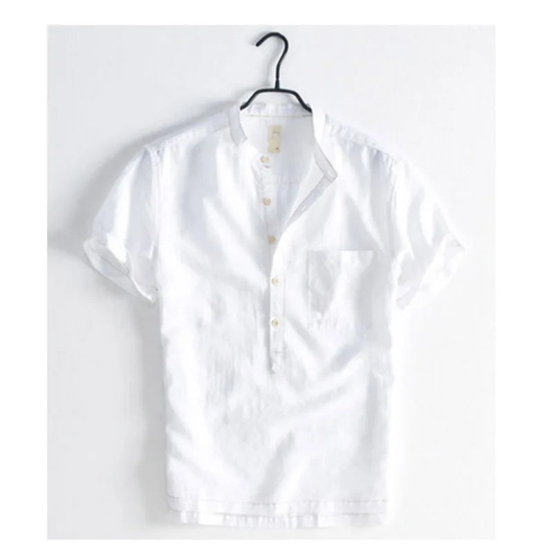 Men's Health-Conscious Linen Shirt in Alabaster on the hanger. From Borcelleclothes.