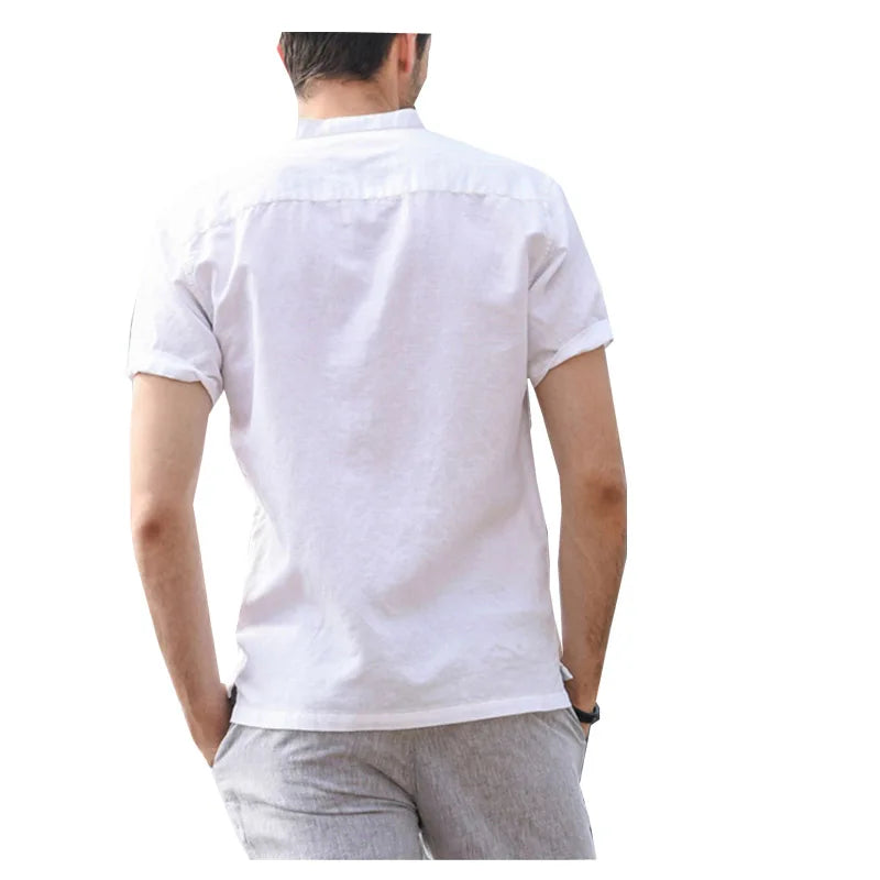Back view of a Men's Health-Conscious Linen Shirt in Alabaster - A breathable and luxurious shirt featuring a mandarin collar and long placket, crafted from high-quality linen with a smooth, soft texture and natural gloss, perfect for comfort and sustainable fashion. From Borcelleclothes.