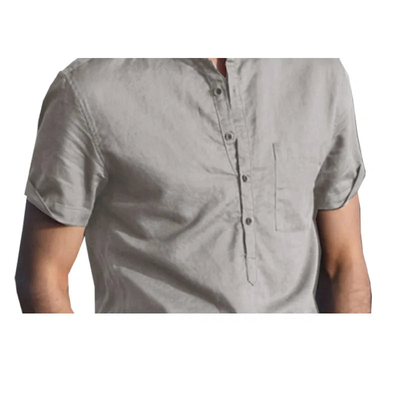Upper part of a Men's Health-Conscious Linen Shirt in Nobel featuring a mandarin collar and long placket. From Borcelleclothes.