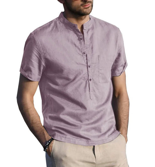 Men's Health-Conscious Linen Shirt in Rose Quartz - A breathable and luxurious shirt featuring a mandarin collar and long placket, crafted from high-quality linen with a smooth, soft texture and natural gloss, perfect for comfort and sustainable fashion. From Borcelleclothes.