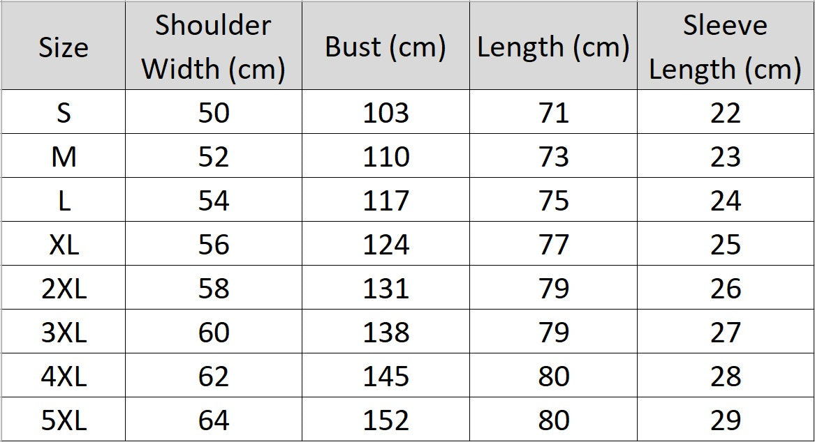 Men's size chart for the Health-Conscious Linen Shirt  - A breathable and luxurious shirt featuring a mandarin collar and long placket, crafted from high-quality linen with a smooth, soft texture and natural gloss, perfect for comfort and sustainable fashion. From Borcelleclothes.