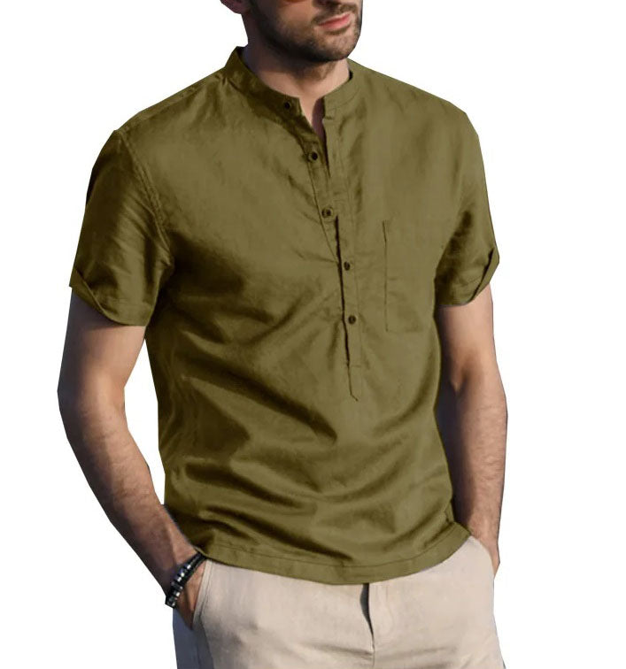 Men's Health-Conscious Linen Shirt in Yellow Metal - A breathable and luxurious shirt featuring a mandarin collar and long placket, crafted from high-quality linen with a smooth, soft texture and natural gloss, perfect for comfort and sustainable fashion. From Borcelleclothes.