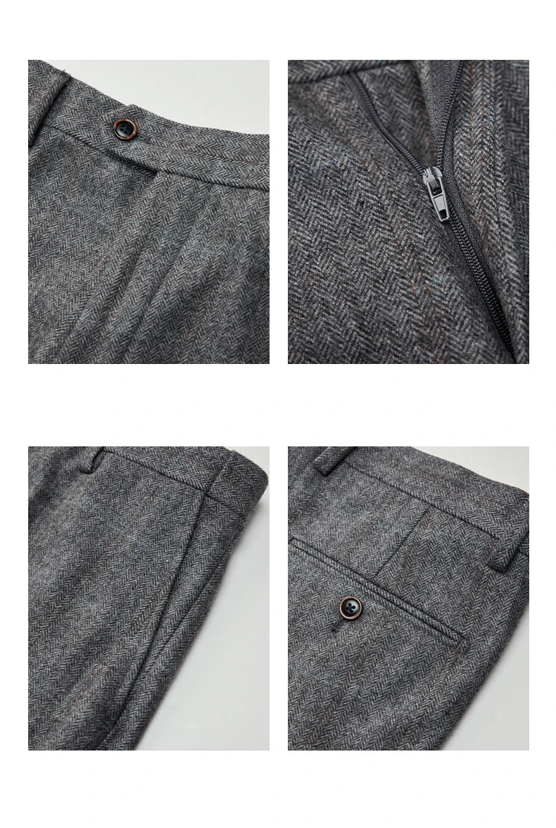 Collage highlighting waistband with side tabs, zipper fly, front slash pocket, and back welt pocket on herringbone trousers. From Borcelleclothes.