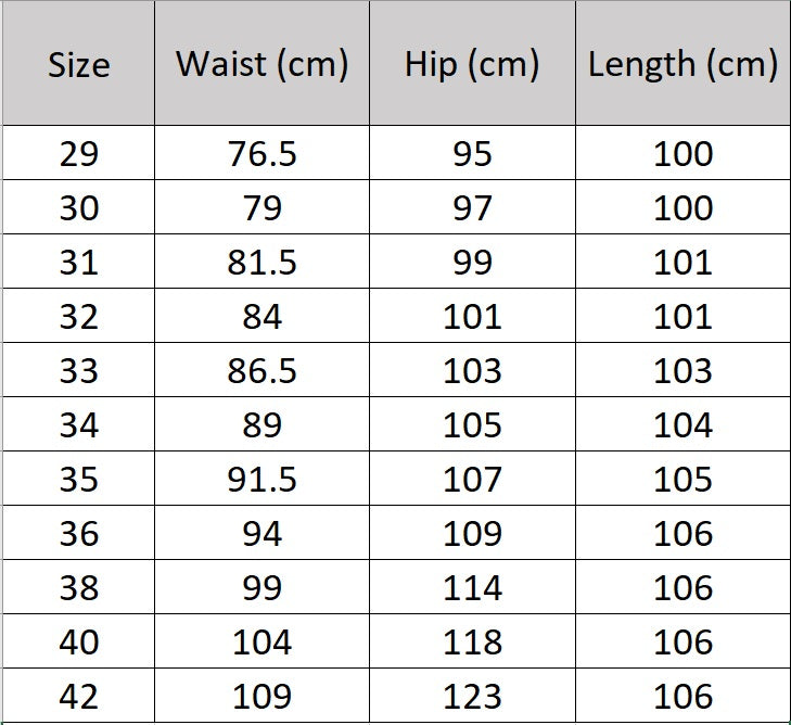 Men's size chart for slim herringbone wool trousers in Cloudy Grey with subtle brownish pinstripes, featuring adjustable waistband, side slash pockets, and double-welt back pockets with buttons. From Borcelleclothes.
