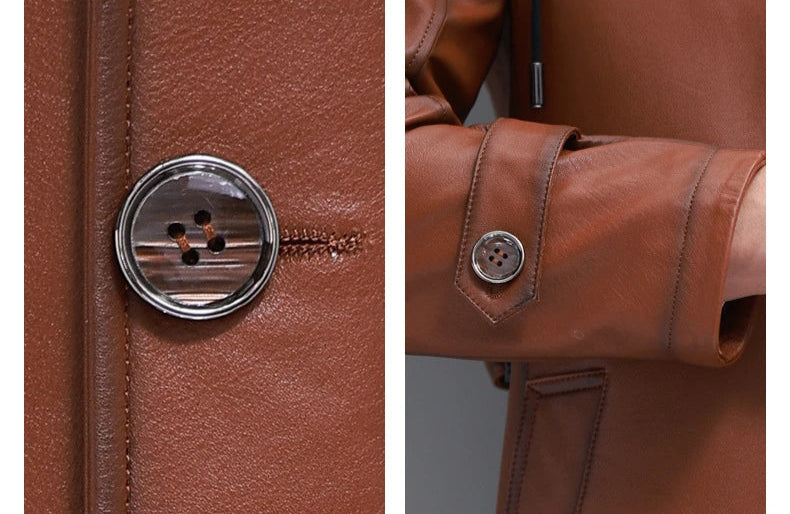 Men’s hooded cowhide leather jacket in Nutmeg — collage of buttoned sleeve cuff and tab detail. From Borcelleclothes.