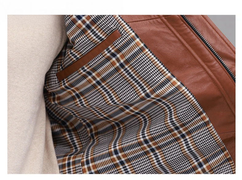 Men’s hooded cowhide leather jacket in Nutmeg — interior single-welt pocket with leather finishing. From Borcelleclothes.