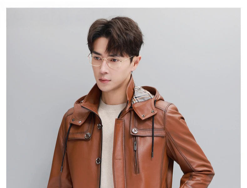 Men’s hooded cowhide leather jacket in Nutmeg — upper part view with zip-through stand collar and plaid-lined hood. From Borcelleclothes.