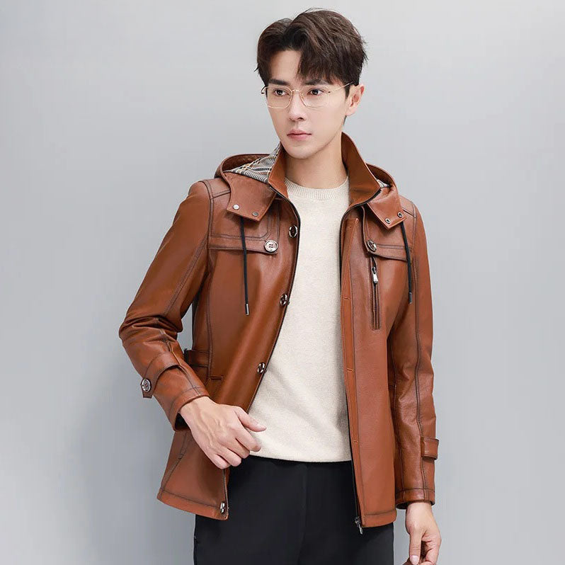 Men’s hooded cowhide leather jacket in Nutmeg — unzipped, model holding front side. From Borcelleclothes.