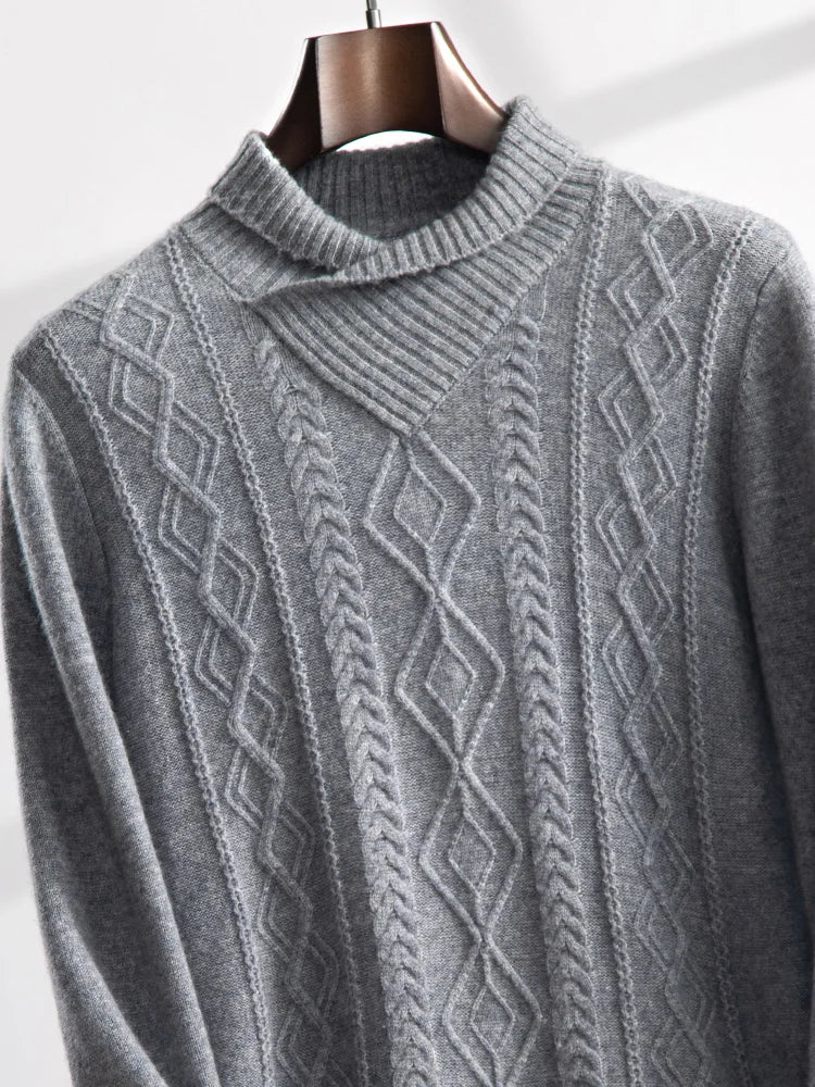 Gray Wolf hybrid neck cashmere sweater draped to show soft geometry and refined texture — From Borcelleclothes.