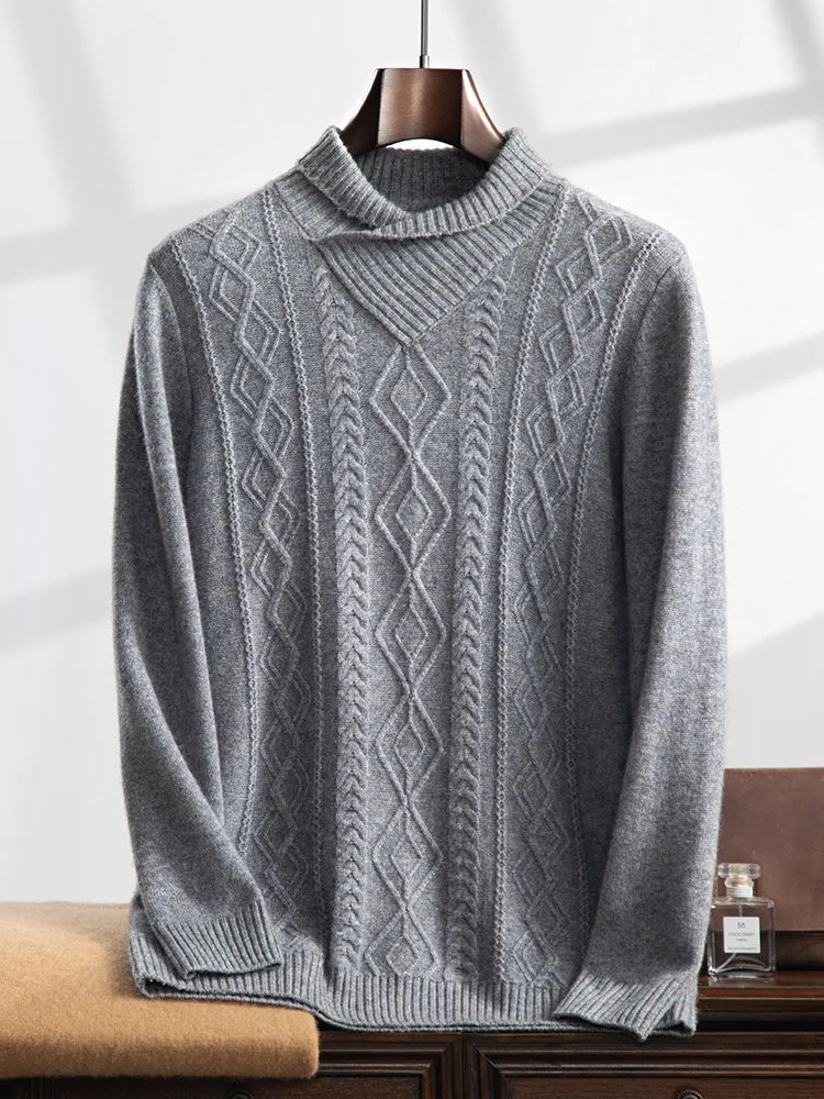 Men's hybrid neck cashmere sweater in Gray Wolf, featuring a V-neck shawl collar in 2×2 rib, cable and geometric front panel, and slim-fitting silhouette in stockinette stitch — From Borcelleclothes.