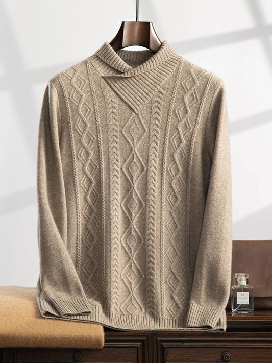 Men's hybrid neck cashmere sweater in Sandrift, featuring a V-neck shawl collar in 2×2 rib, cable and geometric front panel, and slim-fitting silhouette in stockinette stitch — From Borcelleclothes.