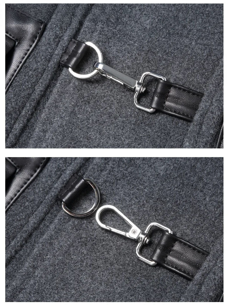 Collage showing bright grey hybrid coat clasp fastened and unfastened. From Borcelleclothes.