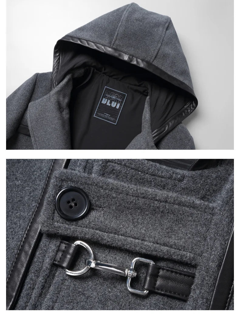 Collage of bright grey hybrid wool-leather coat front view, hood, and clasp details. From Borcelleclothes.