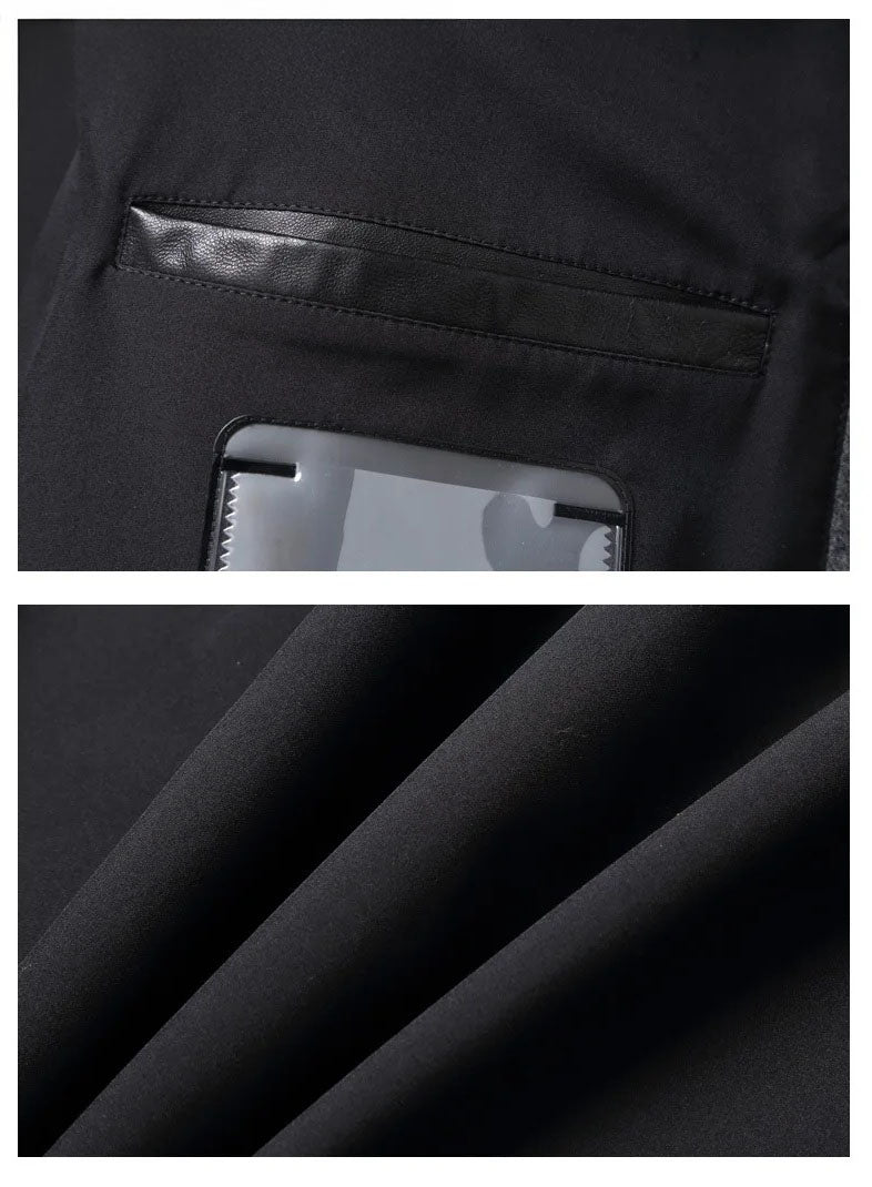 Collage of bright grey hybrid coat inner pocket, draping, and lining details. From Borcelleclothes.