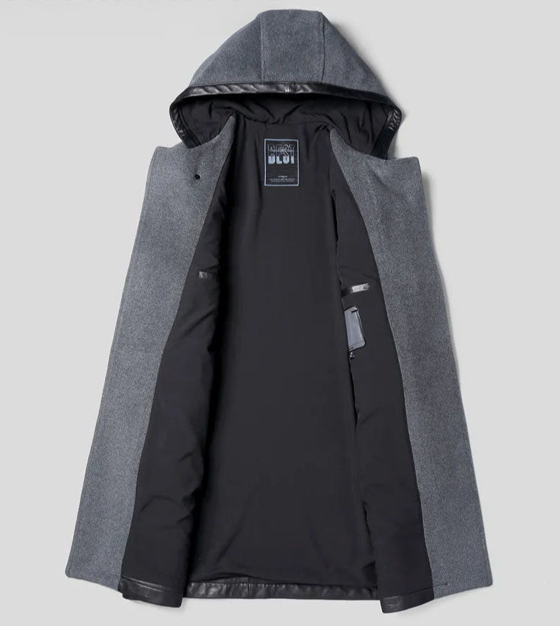 Bright grey hybrid coat with unfolded sides, front view. From Borcelleclothes.