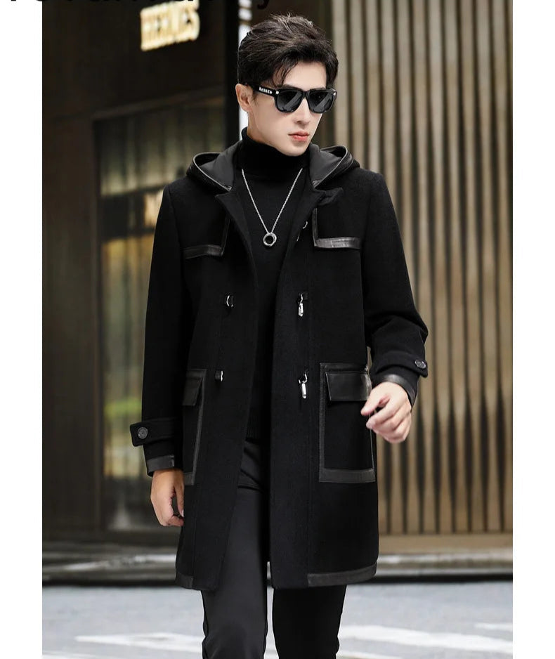 Model walking in an onyx hybrid wool-leather coat, showcasing fluid movement. From Borcelleclothes.