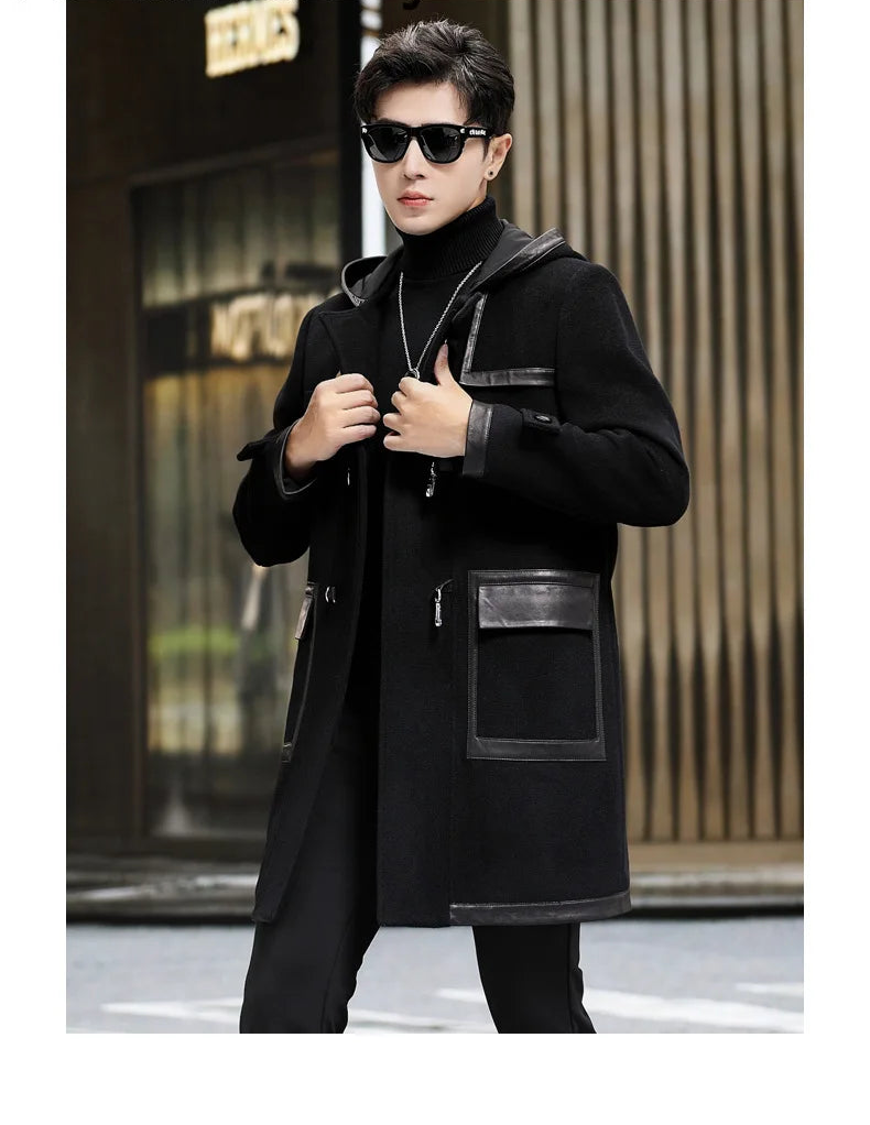 Model’s hands resting on the front sides of an onyx hybrid wool-leather coat. From Borcelleclothes.