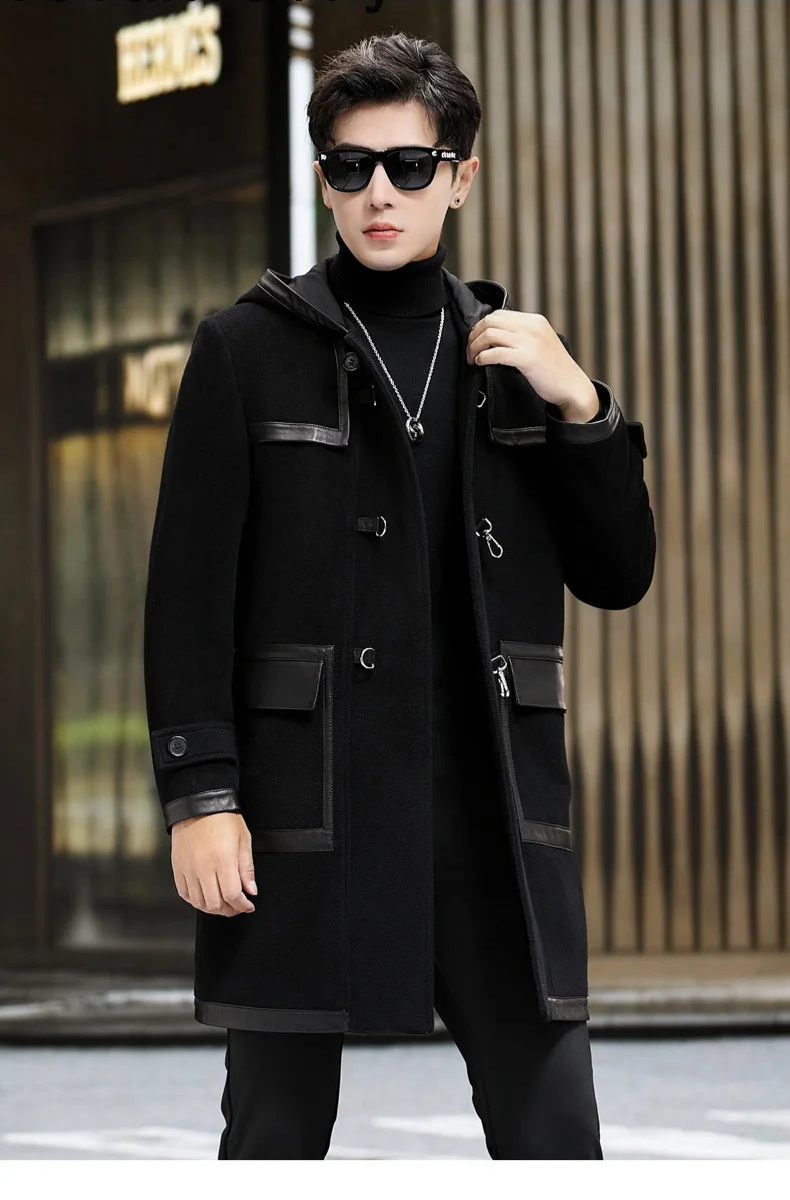 Model touching the hood of an onyx hybrid wool-leather coat. From Borcelleclothes.