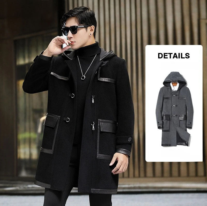 Collage with model in onyx hybrid coat touching lips, alongside bright grey coat. From Borcelleclothes.