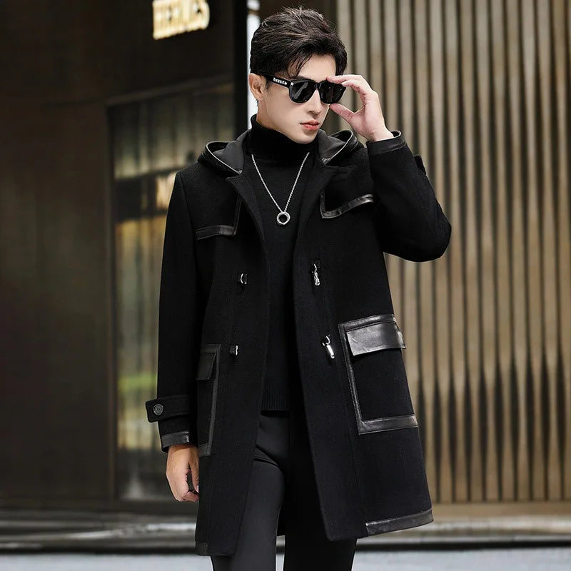 Men’s hybrid wool-leather coat in Onyx, with hood, leather overlays, and distinctive swivel-clasp closures. From Borcelleclothes.
