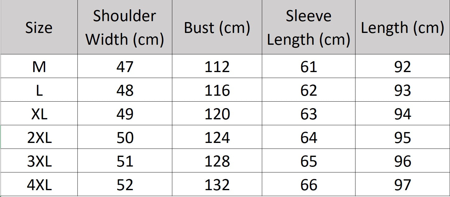 Men’s size chart for a hybrid wool-leather coat, with hood, leather overlays, and distinctive swivel-clasp closures. From Borcelleclothes.