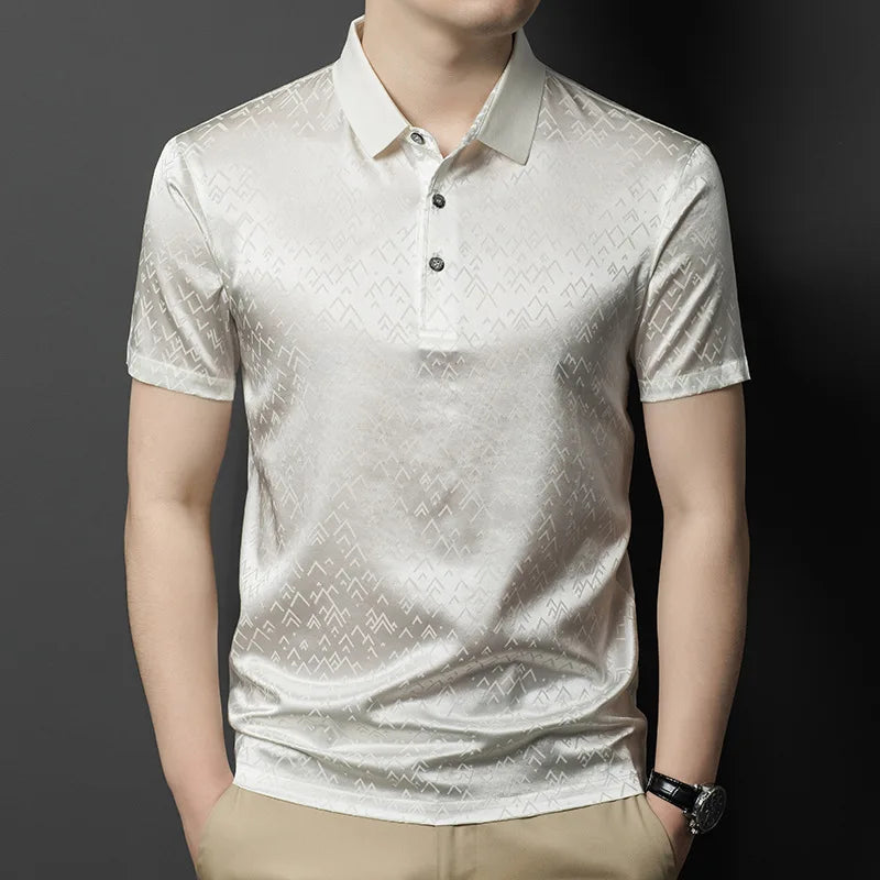 Mulberry silk polo in Pearl Bush with inscribed jacquard pattern — warm-toned, softly reflective, and structured with quiet intensity beneath the surface. From Borcelleclothes.