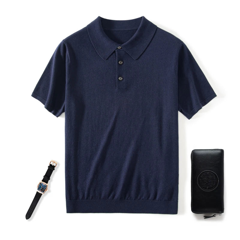Men’s knitted silk-cashmere polo shirt in Midnight Express — featuring a soft drape and wide collar that rests gently on the shoulders. From Borcelleclothes.