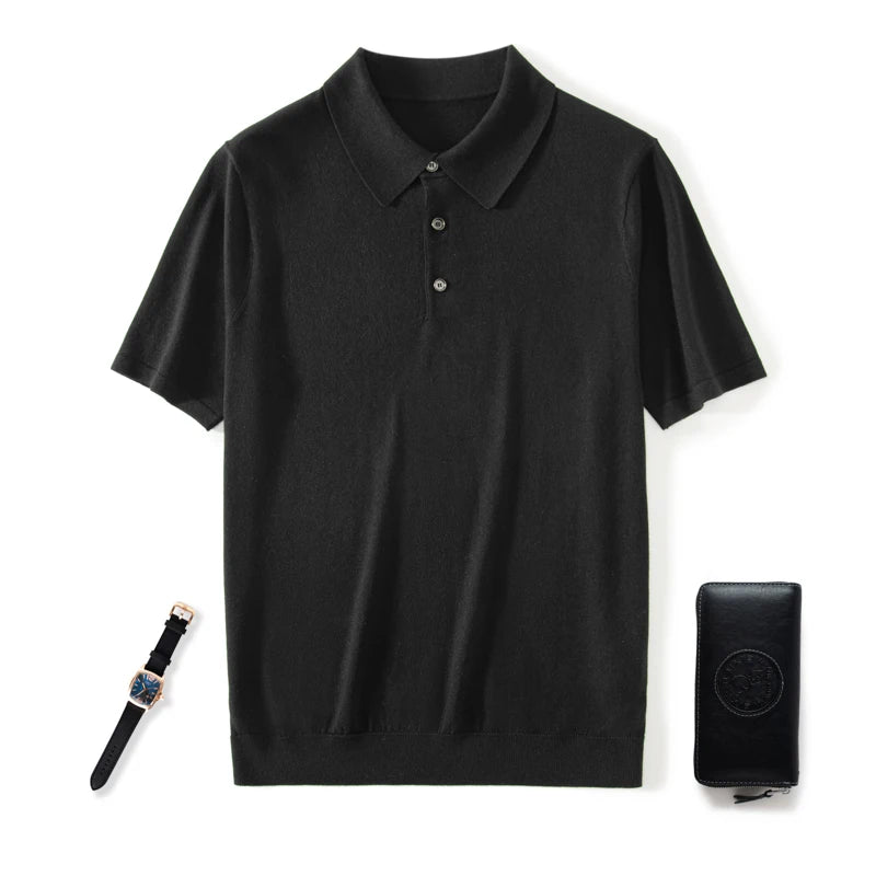 Men’s knitted silk-cashmere polo shirt in Onyx — featuring a soft drape and wide collar that rests gently on the shoulders. From Borcelleclothes.