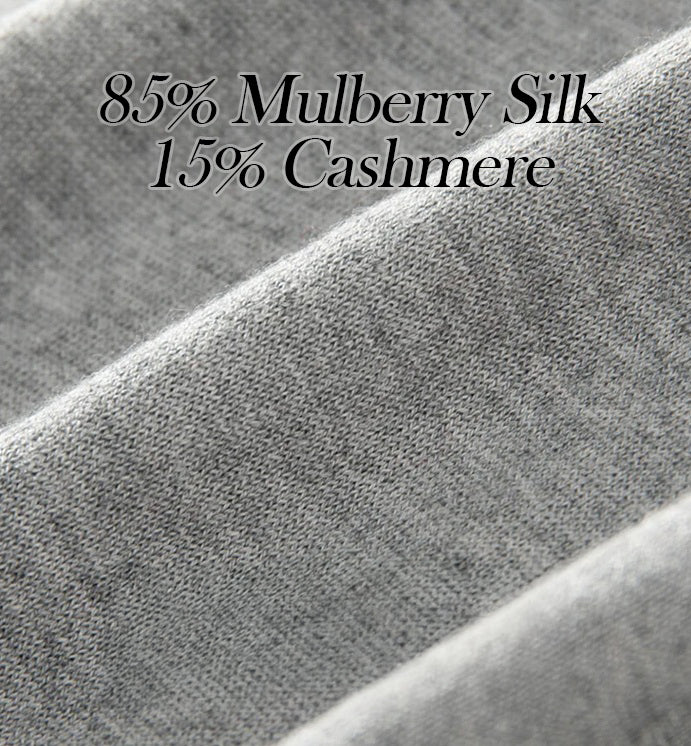 Composition display of the Silver Sand silk-cashmere polo — highlighting the softness, breathability, and warmth of the blended fabric. From Borcelleclothes.