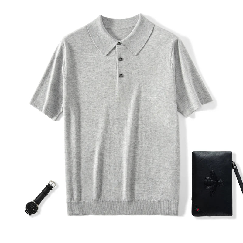 Men’s knitted silk-cashmere polo shirt in Silver Sand — featuring a soft drape and wide collar that rests gently on the shoulders. From Borcelleclothes.
