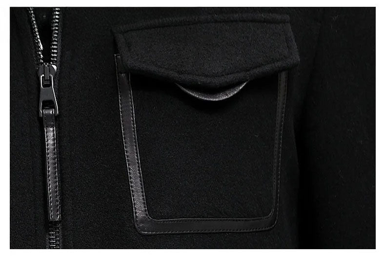 Onyx men’s leather-accented mini-coat chest pocket with leather trim, blending structure with lightness. From Borcelleclothes.