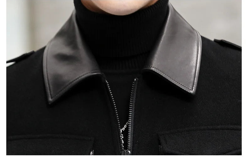 Onyx men’s leather-accented mini-coat collar in genuine leather, a deliberate accent against the tailored fabric. From Borcelleclothes.