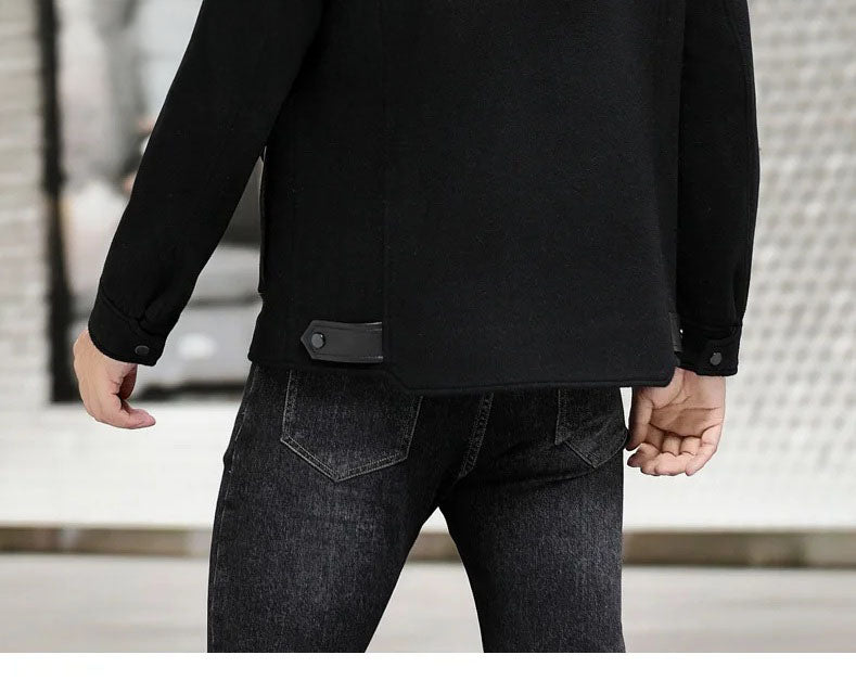 Onyx men’s leather-accented mini-coat, middle back view, highlighting straight, composed lines of the silhouette. From Borcelleclothes.