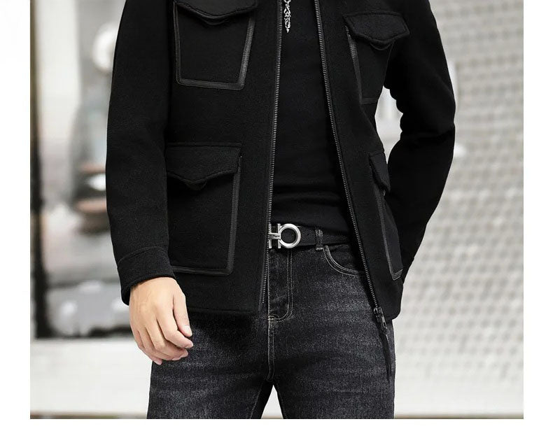 Onyx men’s leather-accented mini-coat, middle front view, featuring zipper closure and leather-trimmed pockets. From Borcelleclothes.