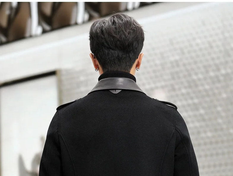 Onyx men’s leather-accented mini-coat, back upper part view, showing shoulder straps and clean tailoring. From Borcelleclothes.