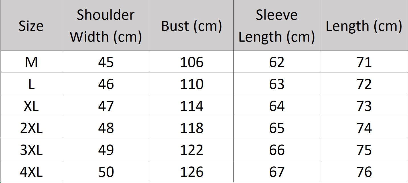 Men’s size chart for a leather-accented mini-coat in Onyx, with refined tailoring, genuine leather collar and trims, blending classic form with modern sophistication. From Borcelleclothes.