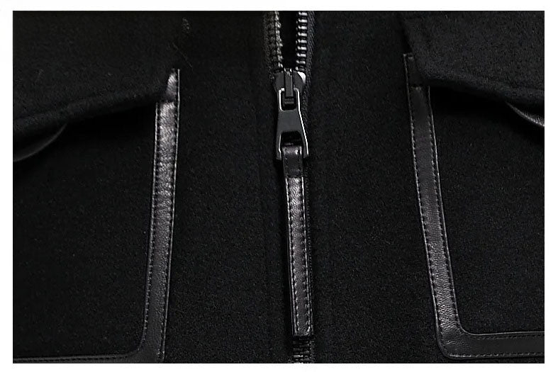 Onyx men’s leather-accented mini-coat zipper and chest pockets framed in leather for refined contrast. From Borcelleclothes.