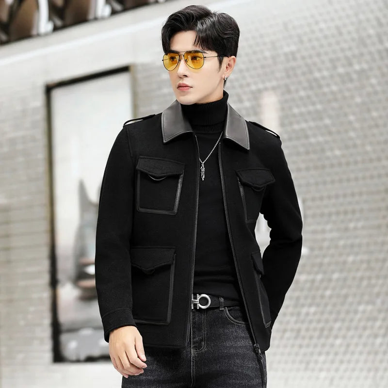 Men’s leather-accented mini-coat in Onyx, with refined tailoring, genuine leather collar and trims, blending classic form with modern sophistication. From Borcelleclothes.