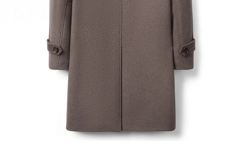 Men’s leather cord weaving wool coat in Falcon, close-up of bottom back section. From Borcelleclothes.