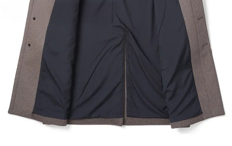 Men’s leather cord weaving wool coat in Falcon, close-up of bottom unfolded front section. From Borcelleclothes.