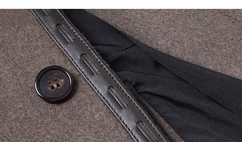 Men’s leather cord weaving wool coat in Falcon, button detail and unfolded front side. From Borcelleclothes.