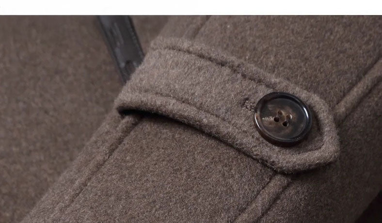 Men’s leather cord weaving wool coat in Falcon, close-up of sleeve tab with horn button. From Borcelleclothes.