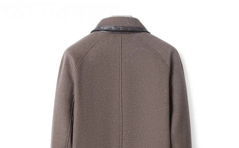 Men’s leather cord weaving wool coat in Falcon, close-up of upper back section showing raglan construction. From Borcelleclothes.