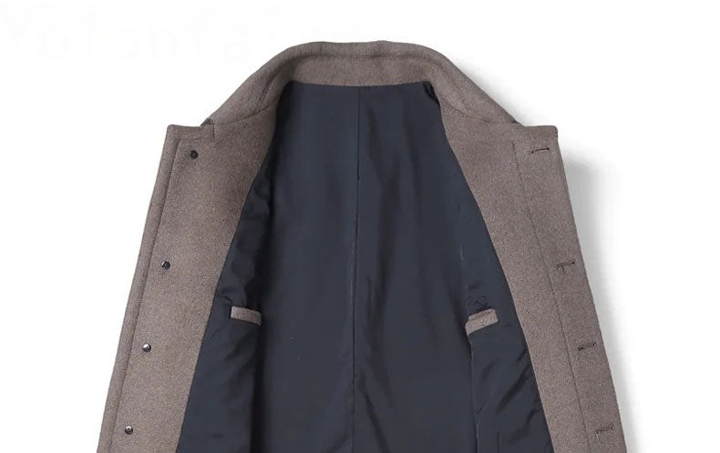 Men’s leather cord weaving wool coat in Falcon, close-up of upper section of unfolded front. From Borcelleclothes.