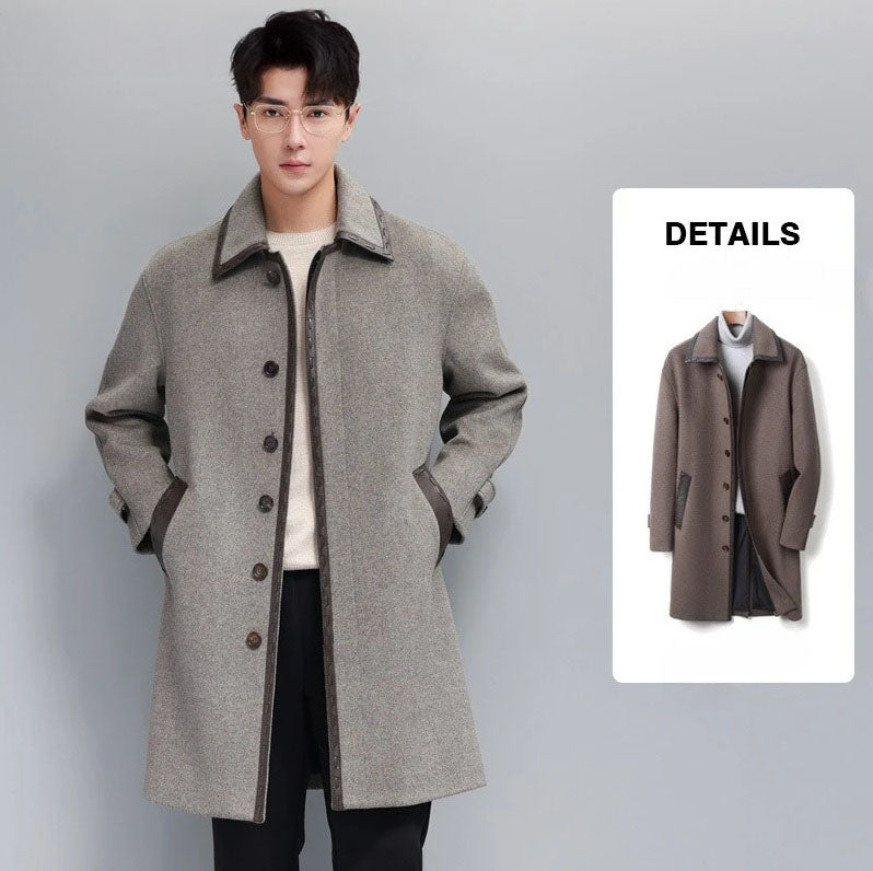 Men’s leather cord weaving wool coat in Mountain Mist and Falcon, collage of model with hands in pockets and full view of Falcon coat. From Borcelleclothes.