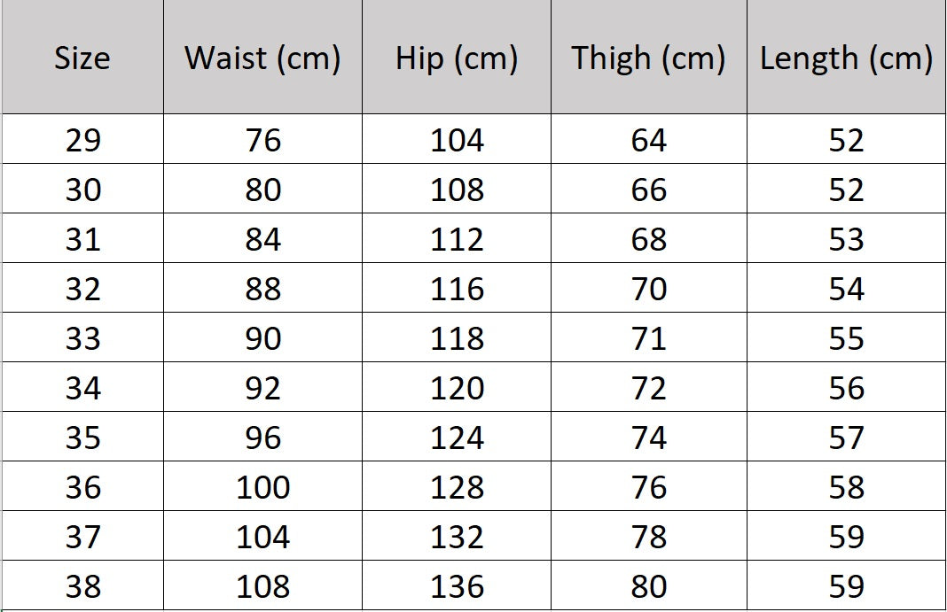 Men’s size chart for tailored linen shorts in Sage, featuring front tucks and neatly turned-back cuffs. From Borcelleclothes.